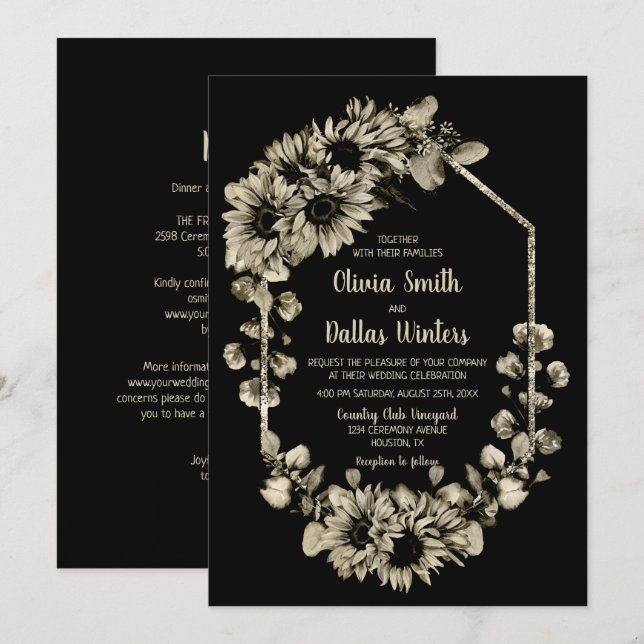 All in one Sunflower Black Wedding Einladung (Vorne/Hinten)