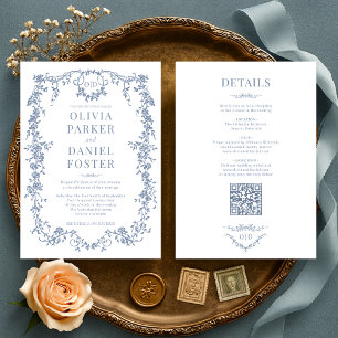 All in one Viktorianische Dusty Blue Wedding Monog Einladung