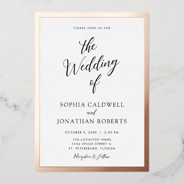 All in One Wedding Black Calligraphy Rose Gold Folieneinladung (Vorderseite)