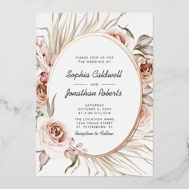All in One Wedding Boho Floral Real Rose Gold Folieneinladung (Vorderseite)