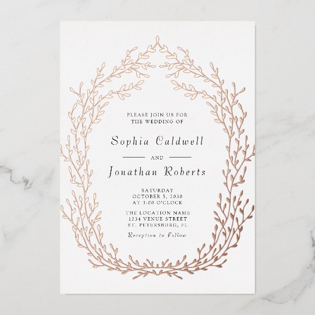 All in One Wedding Botanical Wreath Rose Gold Folieneinladung (Vorderseite)