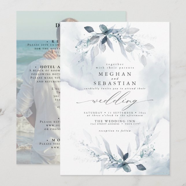 ALL in ONE Wedding Custom Dusty Blue Einladung (Vorne/Hinten)