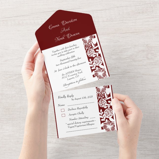 All in One Wedding Einladungen und UAWG Maroon (Abreißen)