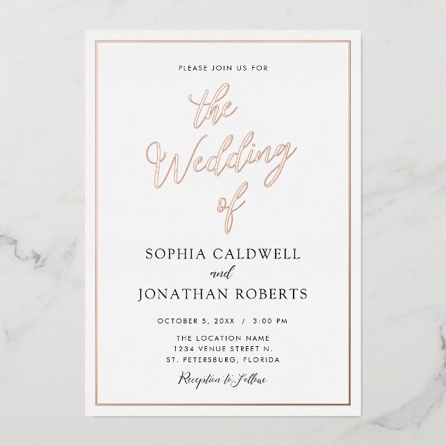 All in One Wedding Rose Gold Calligraphy Real Folieneinladung (Vorderseite)