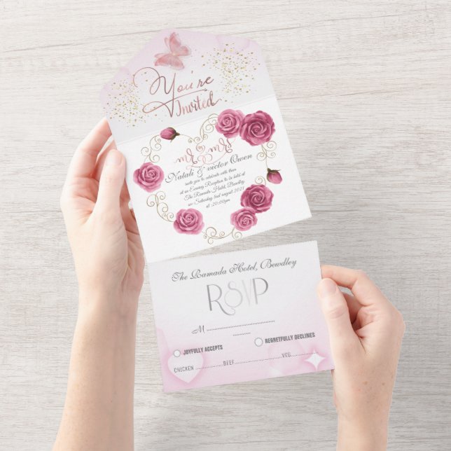 All in One Wedite Invite para boda con rosas All In One Einladung (Abreißen)