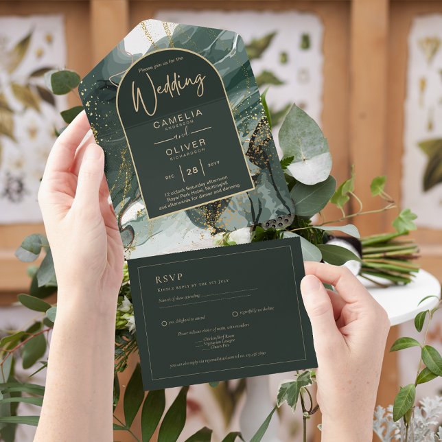 All Inclusive Emerald Green Gold Wedding RSVP All In One Einladung (Von Creator hochgeladen)