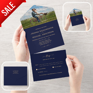 All Inclusive Navy Gold PHOTO Hochzeit RSVP In One Einladung