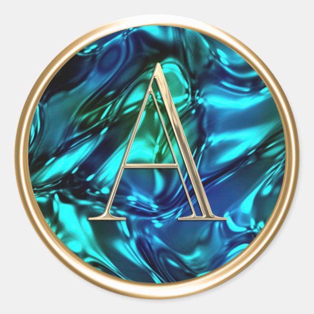 ALL INITIALS Gold Monogram auf Blue Green Wavy Runder Aufkleber (Vorderseite)