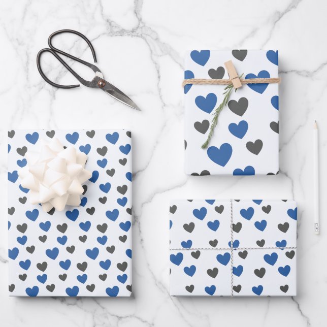 All-Occasion Elegant Blue and Gray Gliding Hearts Geschenkpapier Set (Vorderseite)