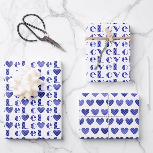 All-Occasion Royal Blue "LIEBE" mit Herzdesign Geschenkpapier Set (Vorderseite)