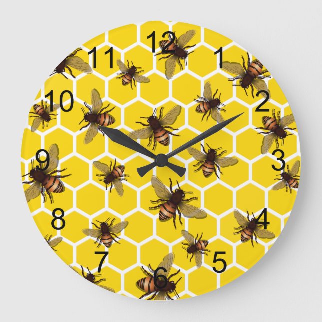 All Over Bees on Honeycomb Wall Clock Große Wanduhr (Vorderseite)