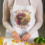 All-Over Print Apron Schürze<br><div class="desc">Celebrate your faith with vibrant style using this bold and colorful DeColores Cursillo design! Featuring a striking retro-inspired rooster illustration in warm sunset hues of red, gold, and orange, this graphic is perfect for anyone involved in the Cursillo Movement or who embraces the joyful spirit of DeColores. The vintage circle...</div>