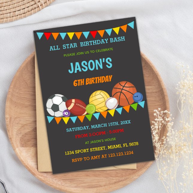 All-Star Game Day Party Card für Kinder Einladung (Colors Flags Sports Birthday Invitations)