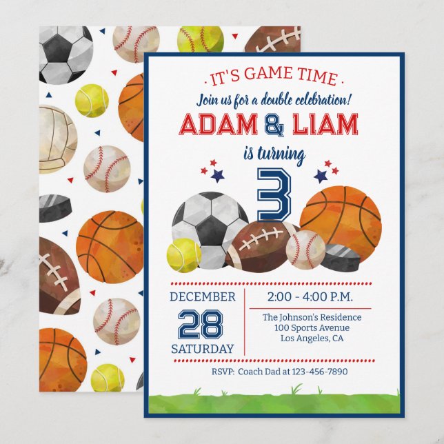 All Star Sports Twin Birthday  Party Einladung (Vorne/Hinten)