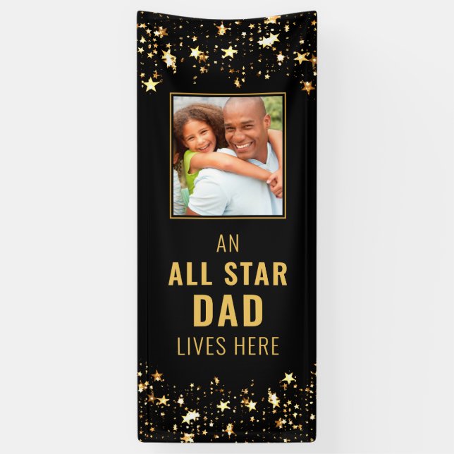 ALL STAR VATER LEBT HIER Black Gold Stars Foto Banner (Vertikal)