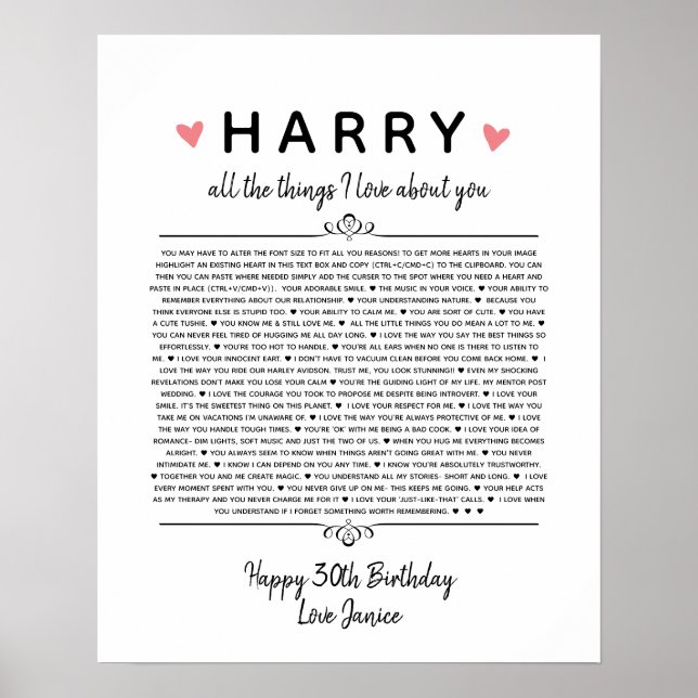all the things I love about you anniversary birth Poster (Vorne)