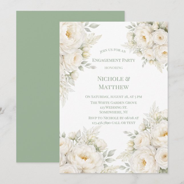 All White Floral Engagement Party Einladung (Vorne/Hinten)