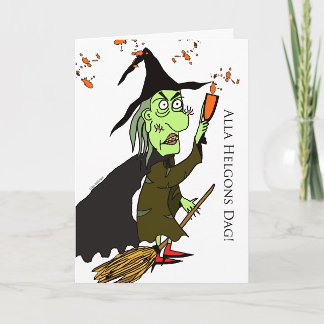 Alla Helgons Dag, Schwede Halloween, grüne Hexe Karte (Vorderseite)