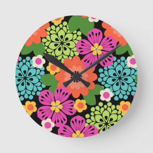 Allana Garden Hawaiian Graphic Floral - Black Runde Wanduhr