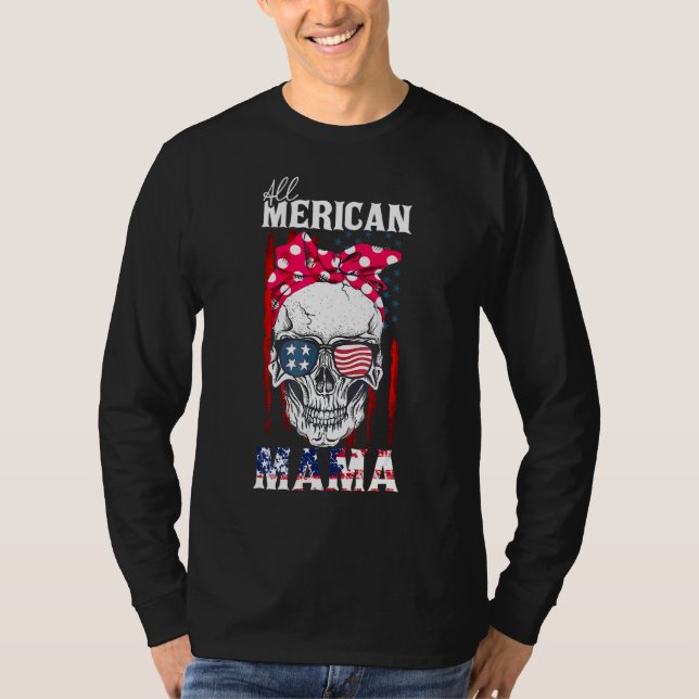 Alle American Mama Skull Mama American Flag Bow Kr T-Shirt (Vorderseite)