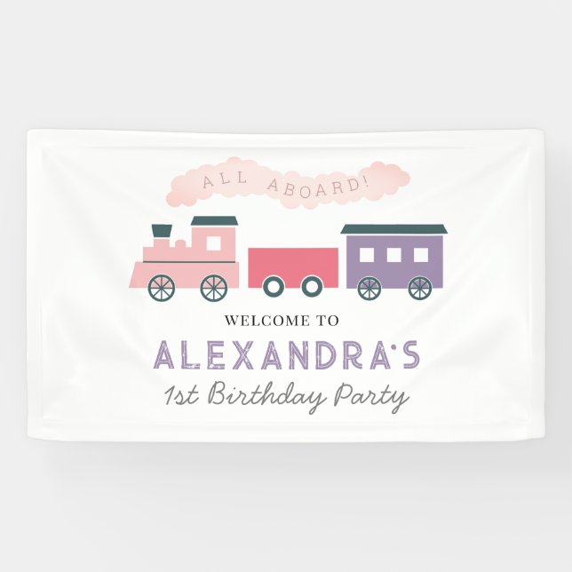 Alle an Bord Dampfzug Pink Girl Birthday Banner (Horizontal)