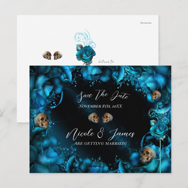 Alle Blue Aquamarin Turquoise Rose Skulls Save the Ankündigungspostkarte (Vorne/Hinten)
