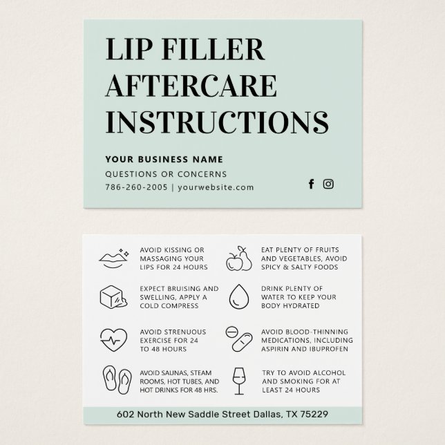 Alle Botox-Aftercare-Karten für den Farbminze-Lip (Vorne & Hinten)