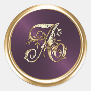 Alle Buchstaben Pflaume Gold Verzierte Monogramm Runder Aufkleber
