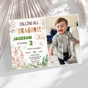 Alle Drachen Wasserfarbe 2. Geburtstag Foto Einladung