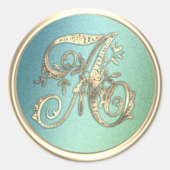 Alle ersten Gold Monogram Blue Green Runder Aufkleber (Vorderseite)