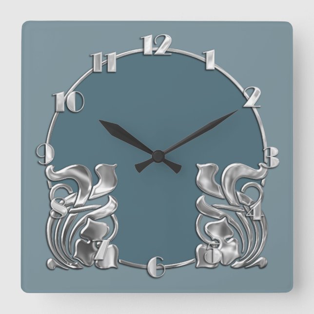 Alle Farbmonotone Art Deco Silver Design Quadratische Wanduhr (Vorderseite)