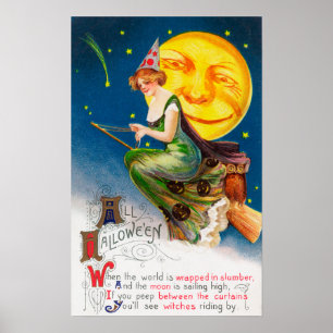 Alle Halloween-Hexe auf einem Besen durch Vollmond Poster