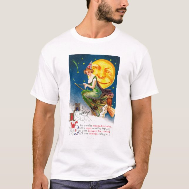 Alle Halloween-Hexe auf einem Besen durch Vollmond T-Shirt (Vorderseite)