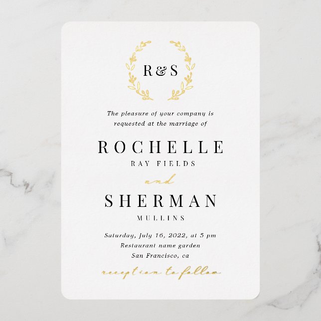 Alle in einem Blatt Monogramm Gold Foil Wedding Folieneinladung (Vorderseite)