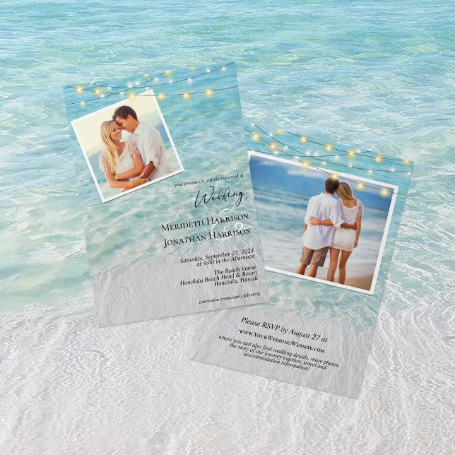 Alle in einem Foto Strand Sandstrand & Lights Einladung (Front and back - features RSVP information, website, and any details you would like to add.)
