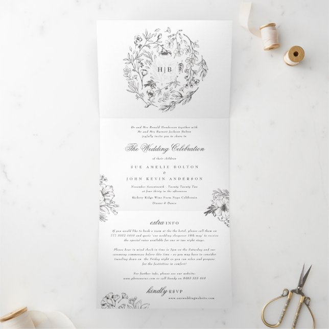 Alle in einem | Klassische Botanische Hochzeiten Dreifach Gefaltete Einladung (Innenseite)
