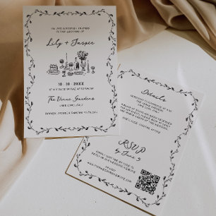 Alle in einer Hand gezogene Reben QR Code Hochzeit Einladung