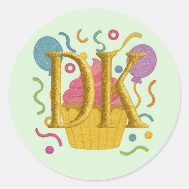 ALLE INITIALE Stickerei Look Geburtstag Cupcake Runder Aufkleber (Vorderseite)