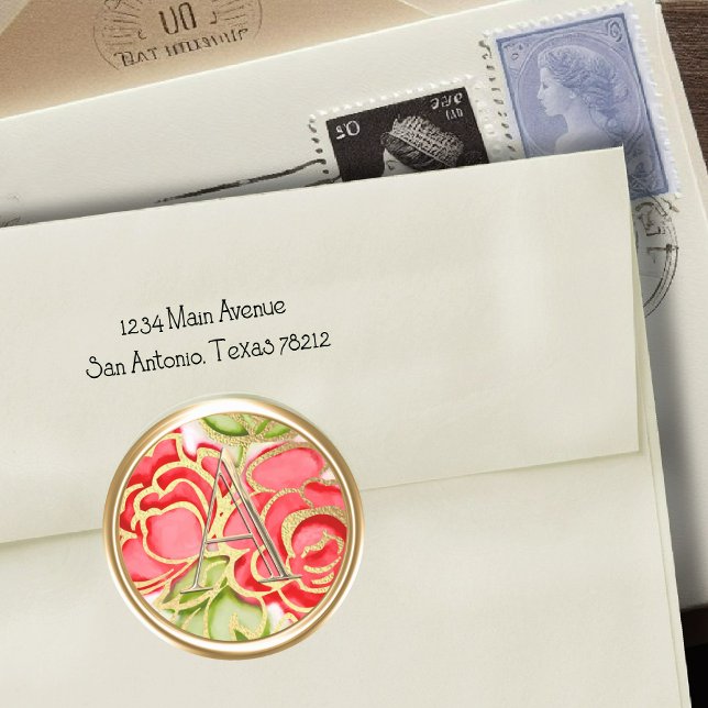 ALLE INITIALEN Gold Monogramm-Rote Rosen Runder Aufkleber (Von Creator hochgeladen)