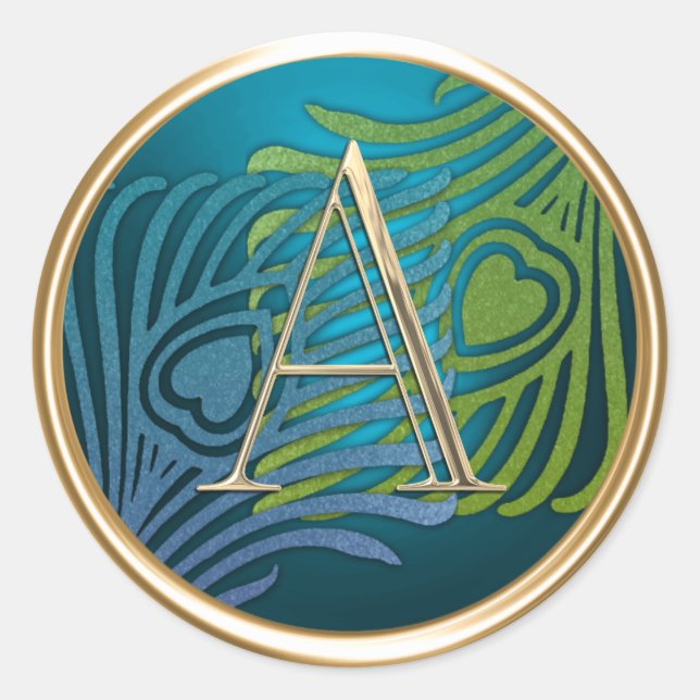 ALLE INITIALS Gold Monogram Blue und Green Peacock Runder Aufkleber (Vorderseite)