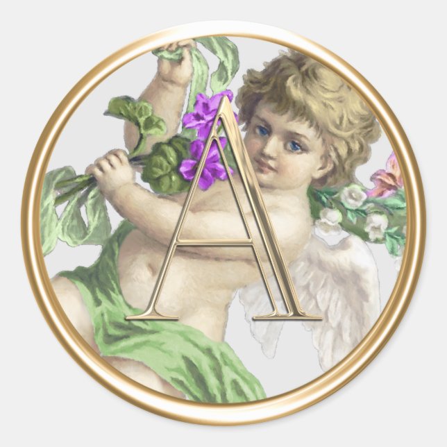 ALLE INITIALS Gold Monogram Cherub Green Runder Aufkleber (Vorderseite)