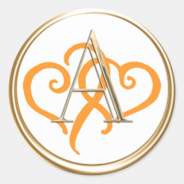 ALLE INITIALS Gold Monogram Two Orange Hearts Runder Aufkleber