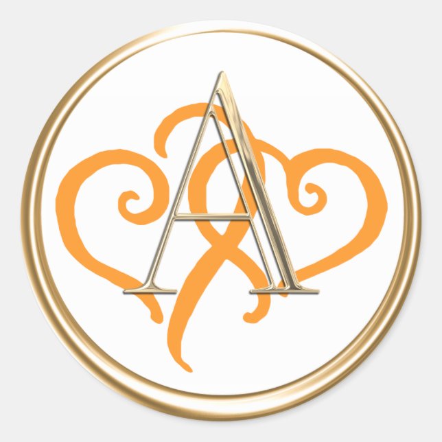 ALLE INITIALS Gold Monogram Two Orange Hearts Runder Aufkleber (Vorderseite)