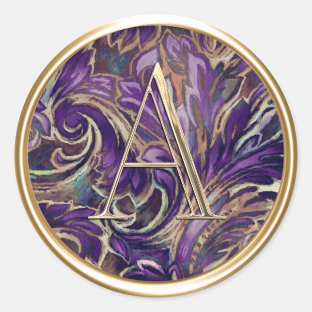 ALLE INITIALS-Gold-Monogramm für Lila Damaskus Runder Aufkleber (Vorderseite)