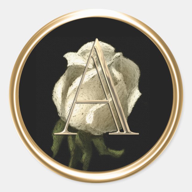 ALLE INITIALS Gold Monogramm Weiße Rose auf Schwar Runder Aufkleber (Vorderseite)