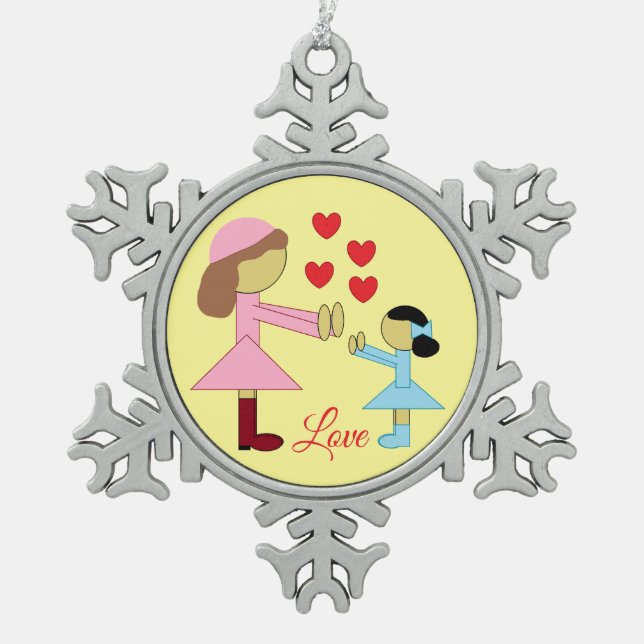 Alle Kinder brauchen Liebe: hellgelb Schneeflocken Zinn-Ornament (Vorderseite)