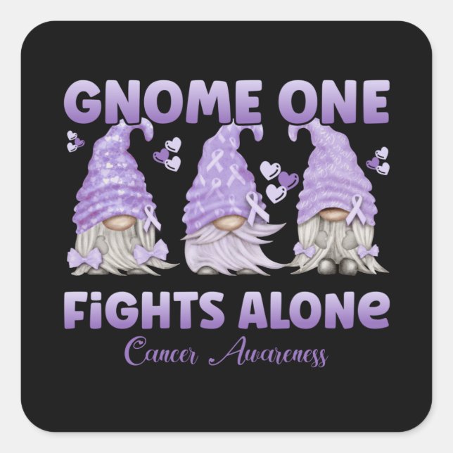 Alle Krebsbewusstsein Lavendel Ribbon Gnome Quadratischer Aufkleber (Vorderseite)