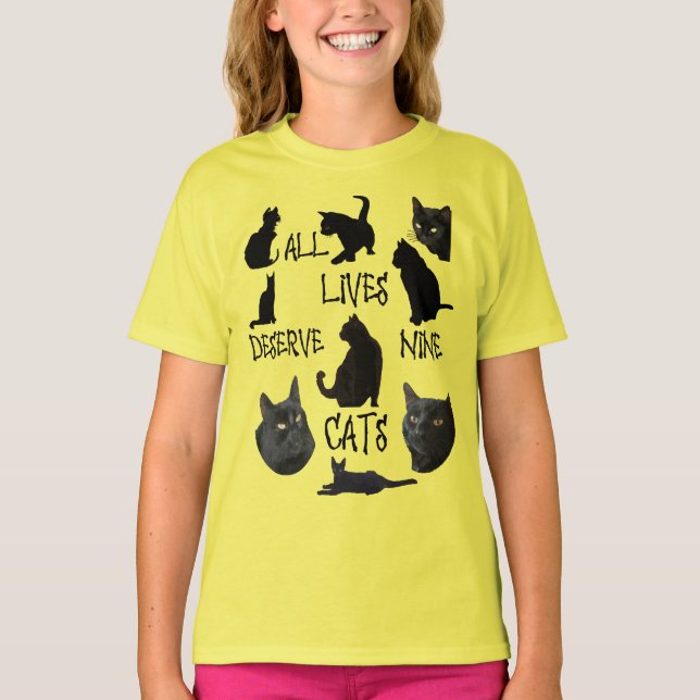 Alle Leben verdienen neun Cats Fun Cat Lover Zitat T-Shirt (Vorderseite)