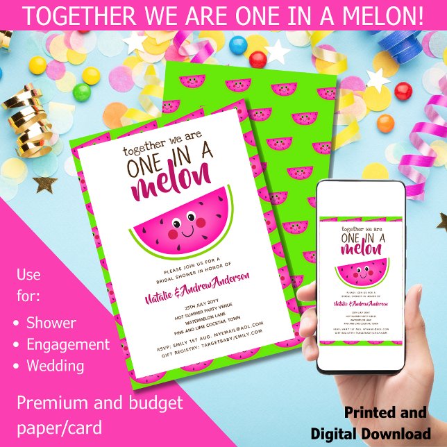 Alle lieben sich! Funny Summer Melon Brautparty Einladung (Together we are one in a melon! For: Shower 
Engagement 
Wedding. Funny Watermelon Bridal Shower)