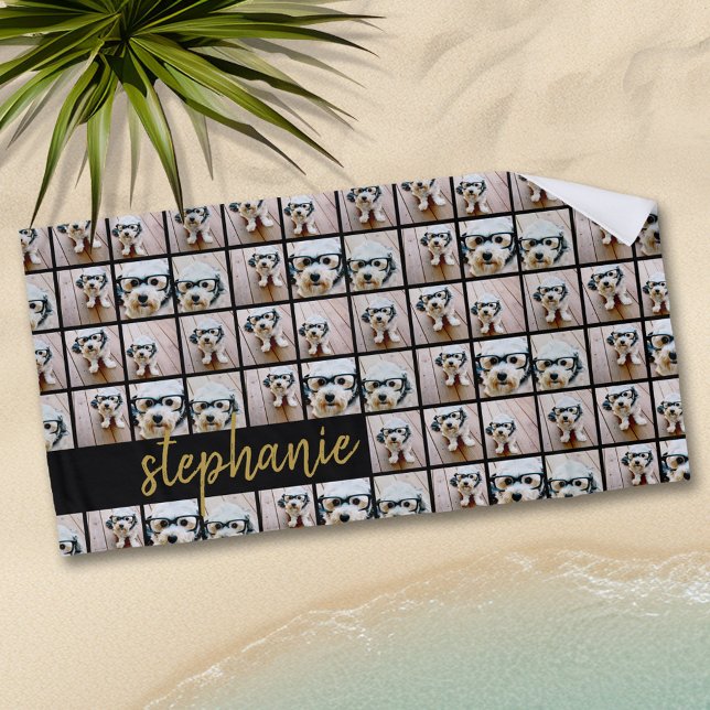 Alle mehr als 6 Foto Collage Black & Gold Script N Strandtuch (Personalized Beach Towel - Add Photos and Text)